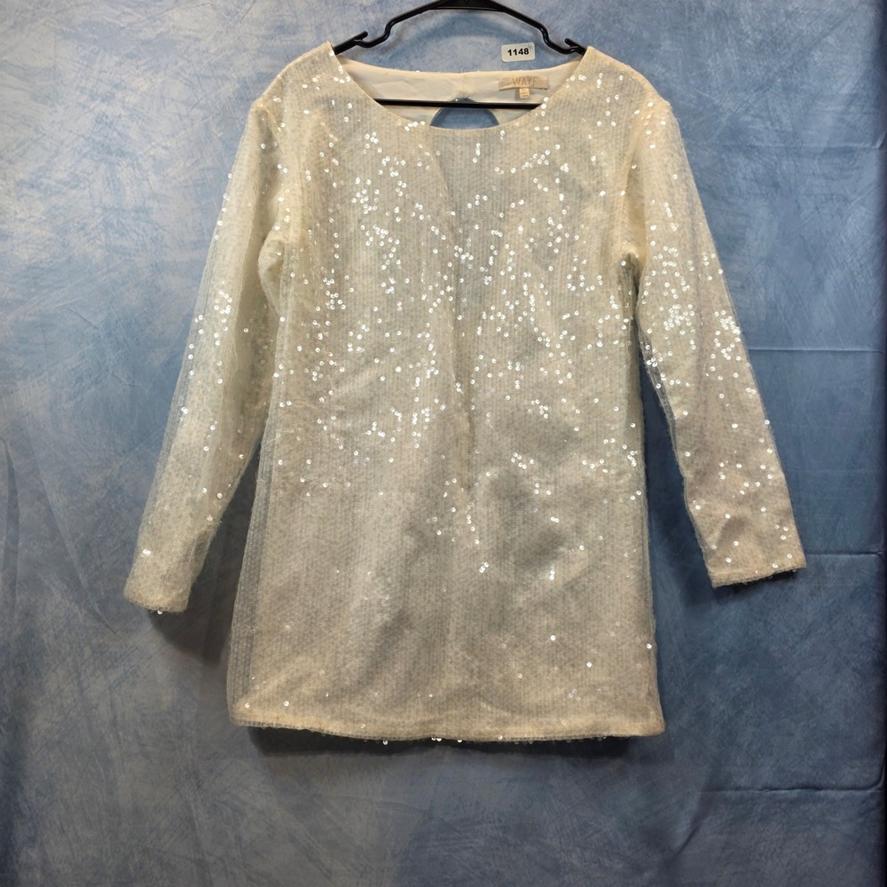 WAYF Womens Sequin Long Sleeve Back Cutout Mini Dress Cream White XS Party Night